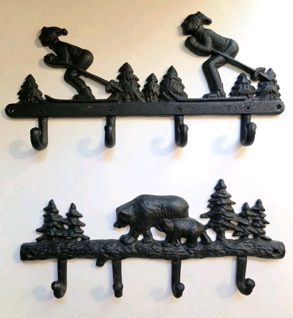 Cast Iron Bear And Skiing Wall Hook Rack Rustic Cabin Lodge Coat Hanger Set Of 2